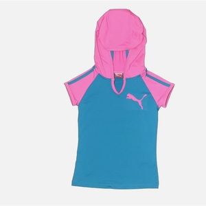 Puma Girls Blue/Pink Athletic Short Sleeve Hooded Top Size L(14-16)